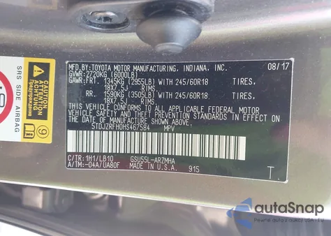 2017 Toyota Highlander Xle z USA, uszkodzony, nr VIN 5TDJZRFH0HS467584